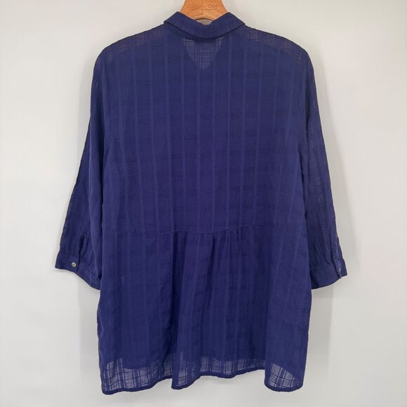 J JILL woman's blouse tunic sheer plaid ruffle hem size large cotton top blue - Picture 8 of 11